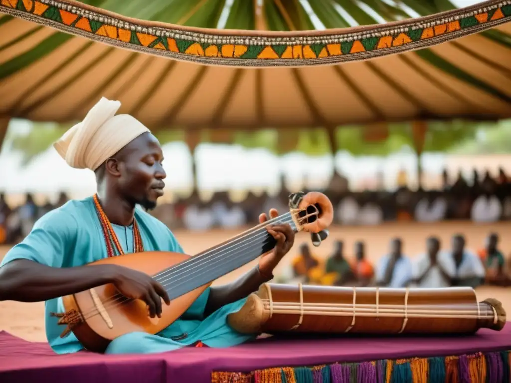 Festival música Kora Gambia: Escena mágica con músico talentoso tocando la Kora en un hermoso escenario rodeado de naturaleza exuberante y flores tropicales