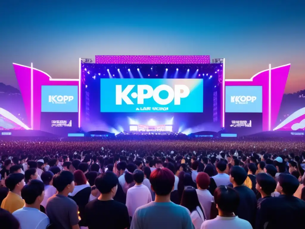 Impacto del Kpop en festivales: Escenario vibrante, fans emocionados, atmósfera mágica y unidad global