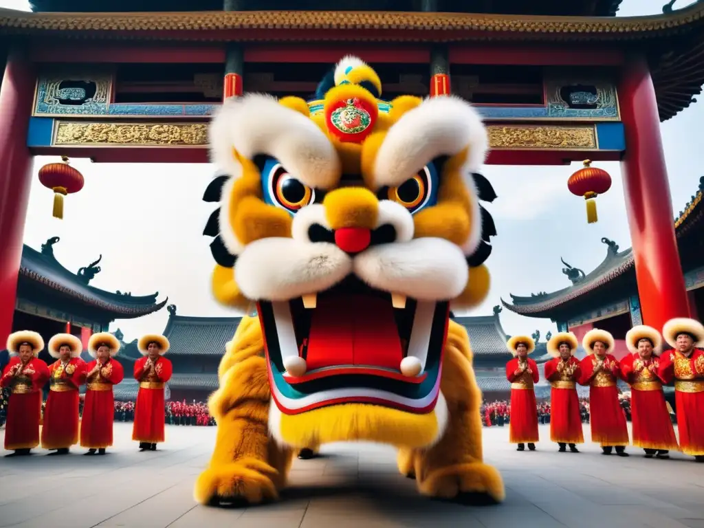 Festival Danza León China - Danza del León colorida en un templo chino tradicional con dragones dorados y leones acrobáticos en el aire