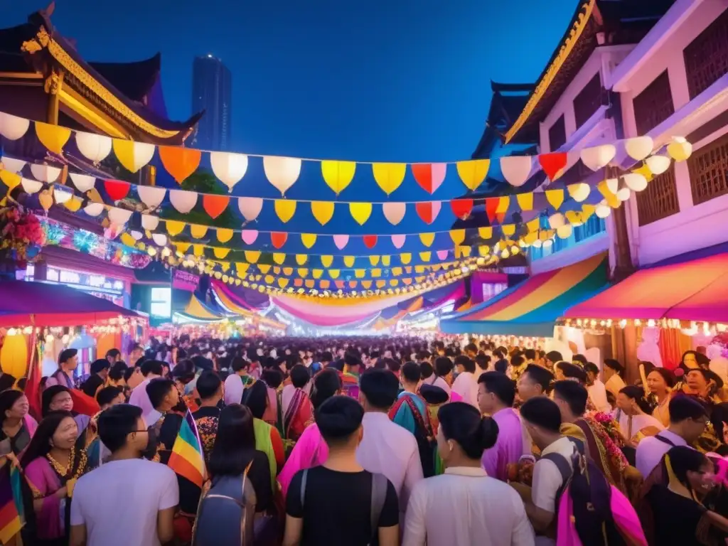 Fotografía festivales LGBTQ+ mundo: Vibrante festival LGBTQ+ en Asia con coloridas decoraciones y deslumbrante espectáculo