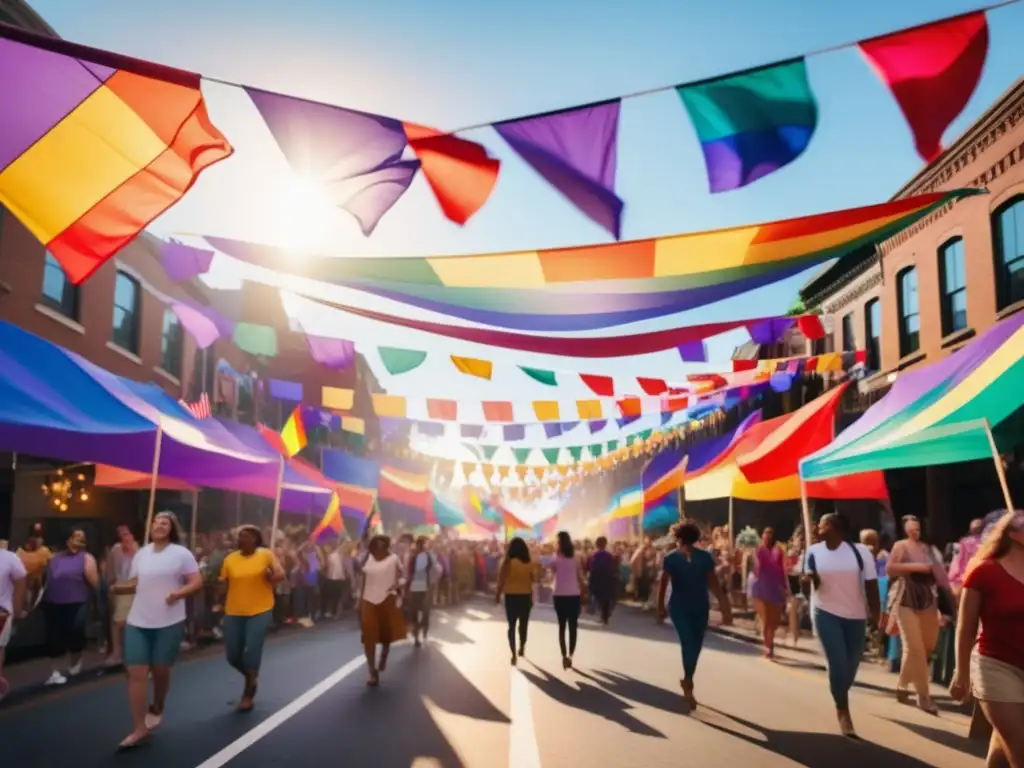 Festival LGBTQ+: Diversidad, amor y celebración en una vibrante imagen de una bulliciosa calle llena de banderas arcoíris