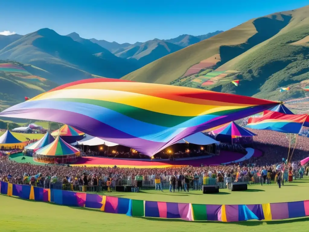 Festivales LGBTQ+ Sudamérica: vibrante celebración de diversidad y orgullo en un paisaje pintoresco de colinas verdes y cielo azul