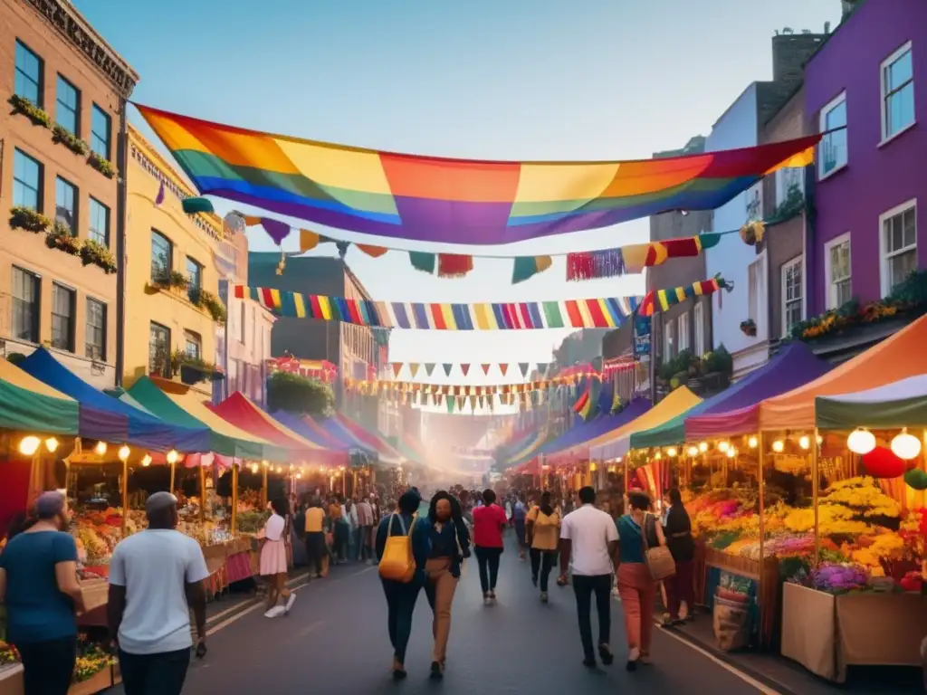 Festival LGBTQ+: Impacto económico local, diversidad, vibrante calle llena de banderas arcoíris y decoraciones festivas