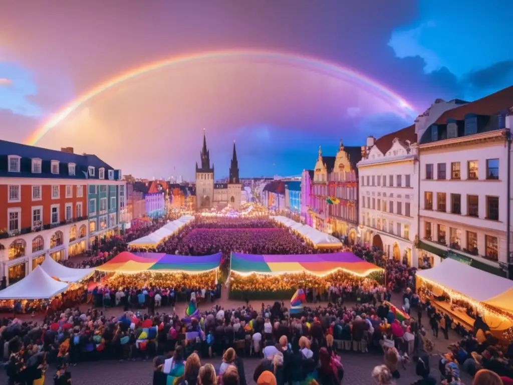 Festival LGBTQ+ en ciudad con colores vibrantes y drag queens en trajes extravagantes