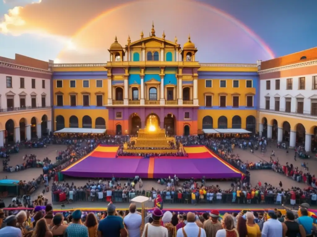 Festival LGBTQ+ tradicional en vibrante plaza, lleno de colores y energía, reflejando el legado y la inclusión