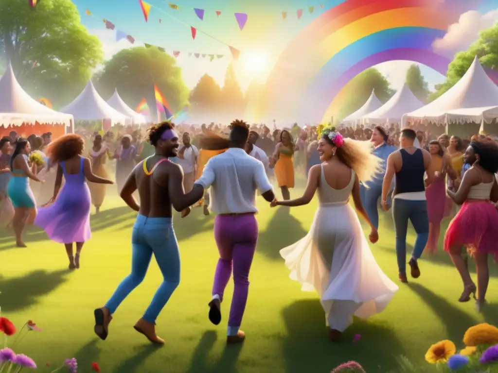 Festivales LGBTQ+ tradicionales: escena vibrante y etérea de celebración inclusiva y diversa en un prado soleado con flores arcoíris y gente feliz