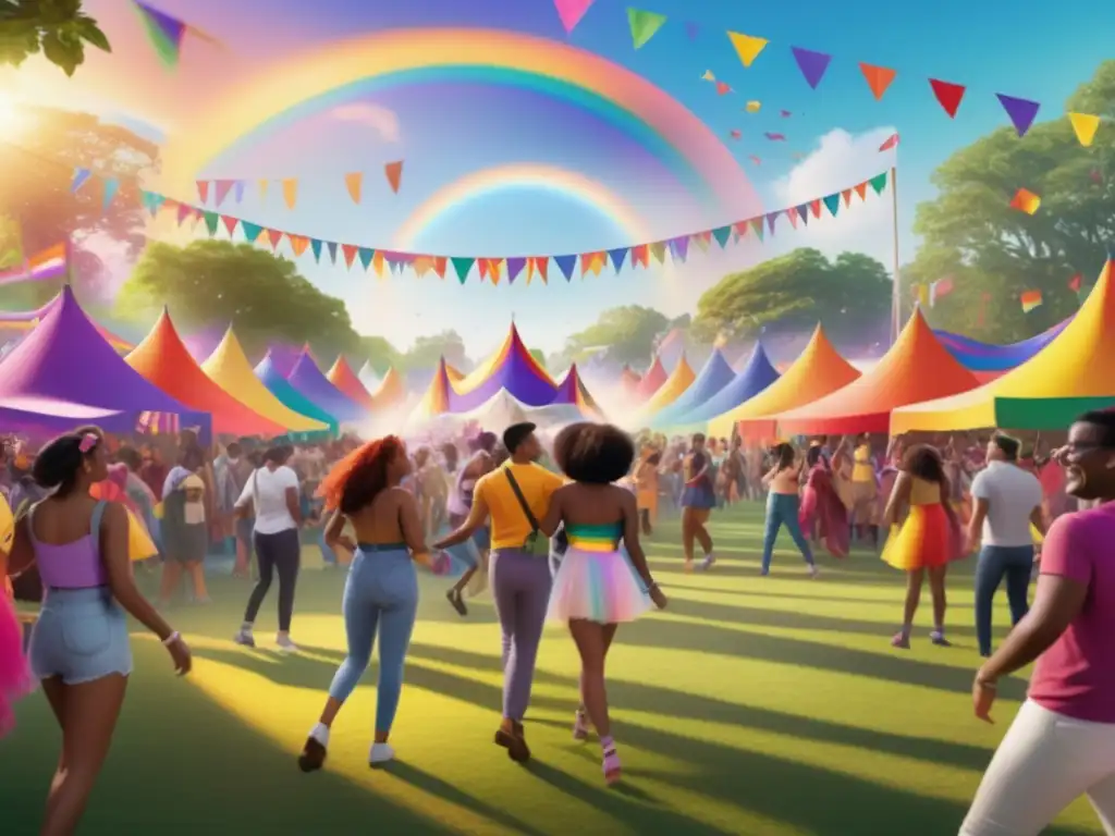 Festivales LGBTQ+ tradicionales: una imagen etérea y fotorrealista que muestra un bullicioso festival LGBTQ+ con colores vibrantes y celebración