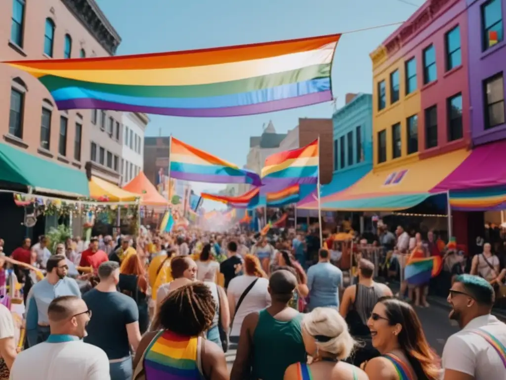 Beneficios turismo festivales LGBTQ+: Escena callejera vibrante y festiva, llena de diversidad y alegría, promoviendo inclusión y aceptación