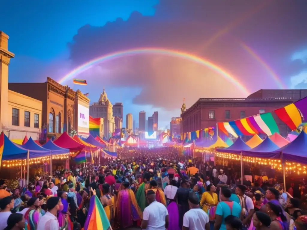 Festival LGBTQ+: Ciudad nocturna llena de luces, gente diversa, banderas arcoíris y drag queens llenando el aire de amor y celebración