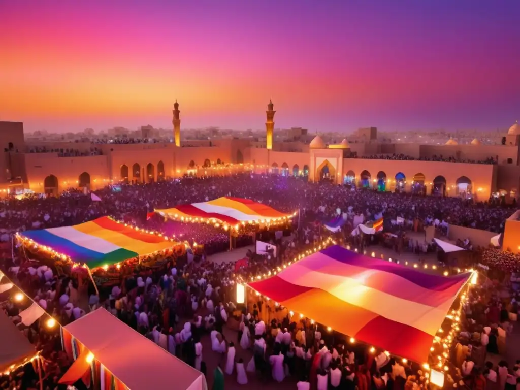 Festival LGBTQ+ Medio Oriente: Celebración vibrante y colorida de amor, igualdad y diversidad en una imagen etérea al atardecer