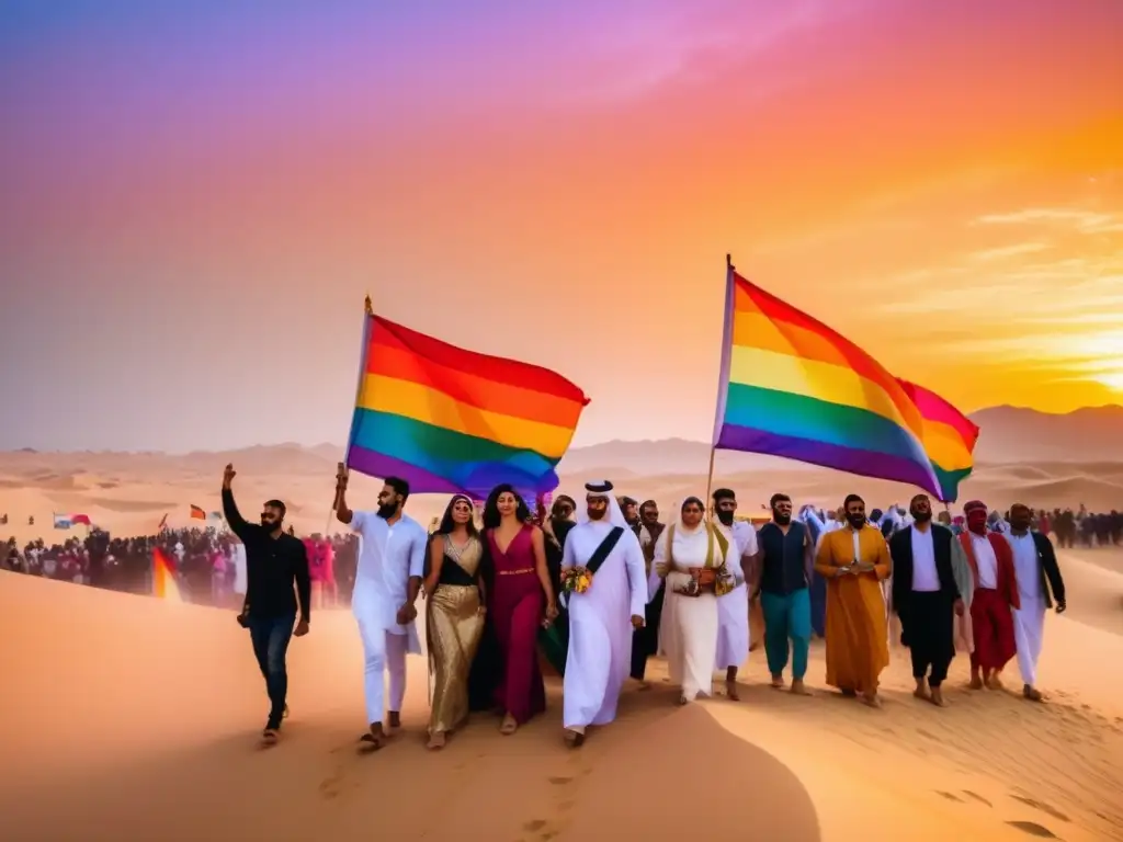 Festival LGBTQ+ Medio Oriente: Marcha colorida y diversa que promueve igualdad y aceptación en un paisaje dorado al atardecer