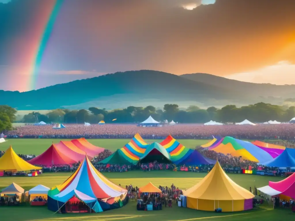 Festival LGBTQ+ en campo verde con escenario, música y multitud vibrante