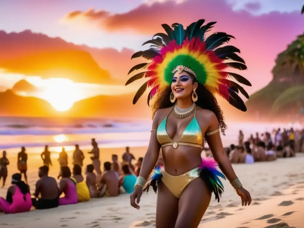 Festivales LGBTQ+ Sudamérica: Escena vibrante y etérea, capturando la esencia de la celebración en la playa al atardecer