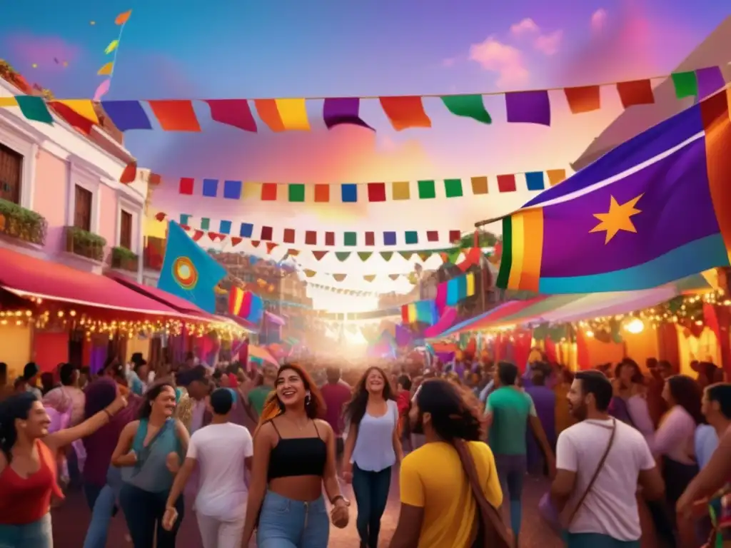 Festival LGBTQ+ Sudamérica: escena vibrante de amor, aceptación y solidaridad con banderas coloridas, decoraciones brillantes y escenarios iluminados