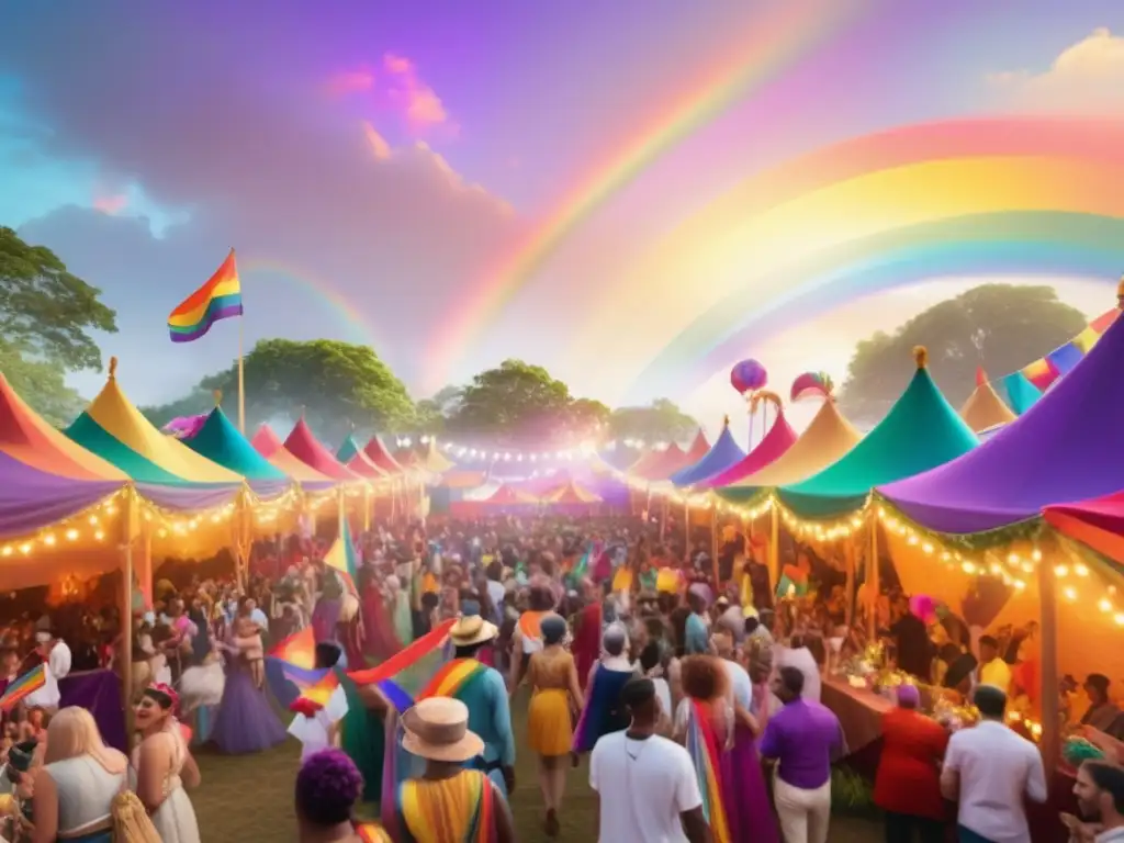 Festivales LGBTQ+ tradicionales: Celebración inclusiva con gente diversa, trajes coloridos y banderas del orgullo ondeando en el aire