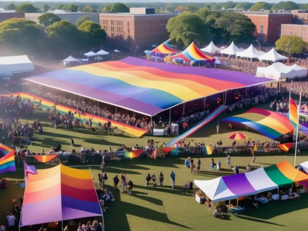 Fotografía festivales LGBTQ+ mundo: Festival LGBTQ+ vibrante y animado capturado desde una vista elevada