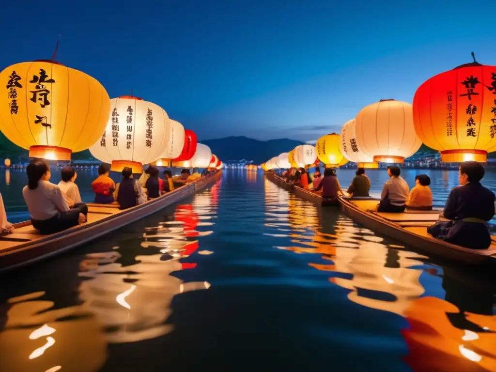 Festival Linternas Flotantes en Hiroshima: escena etérea y serena, río iluminado por lanternas flotantes, paisaje exuberante y celebración cultural