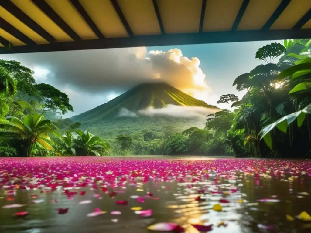 Celebración Festival Lluvia Pétalos Costa Rica en exuberante selva con espectáculo de flores multicolores y gente maravillada