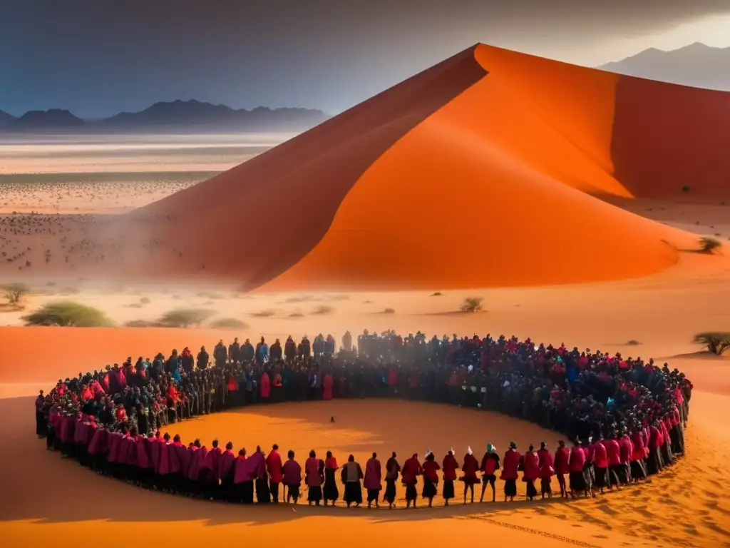 Festival de la Lluvia de Namibia: danza tribal bajo el cielo mágico, reflejando la importancia de la lluvia en la cultura namibiana