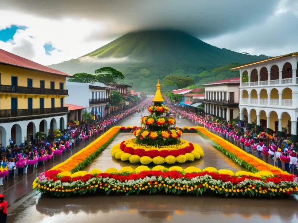 Celebración Festival Lluvia Pétalos Costa Rica: escena mágica en una plaza pintoresca llena de alegría y color