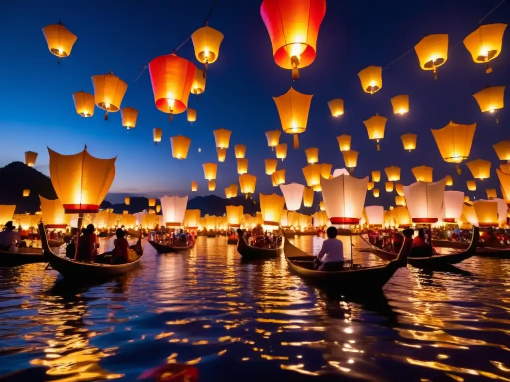 Festival luces flotantes Tailandia: escena mágica con miles de linternas iluminadas flotando en el cielo nocturno