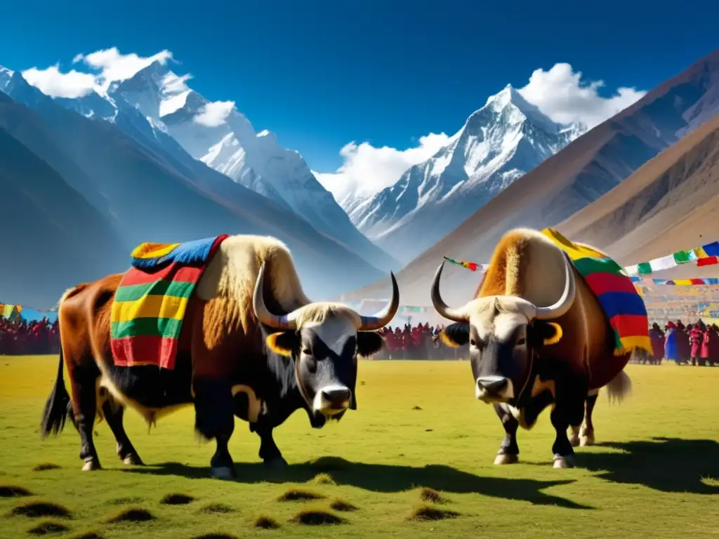 Festival de Luchas Yak Bután en majestuosos Himalayas, yaks luchando con fuerza y gracia, rodeados de admiradores