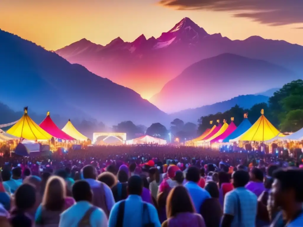 Festival al atardecer: Multitud vibrante bajo luces coloridas, montañas y cielo estrellado