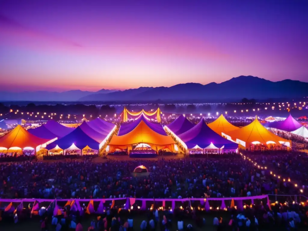 Documentación visual festivales: Vibrante imagen captura esencia festival al atardecer, con cielo morado y naranja