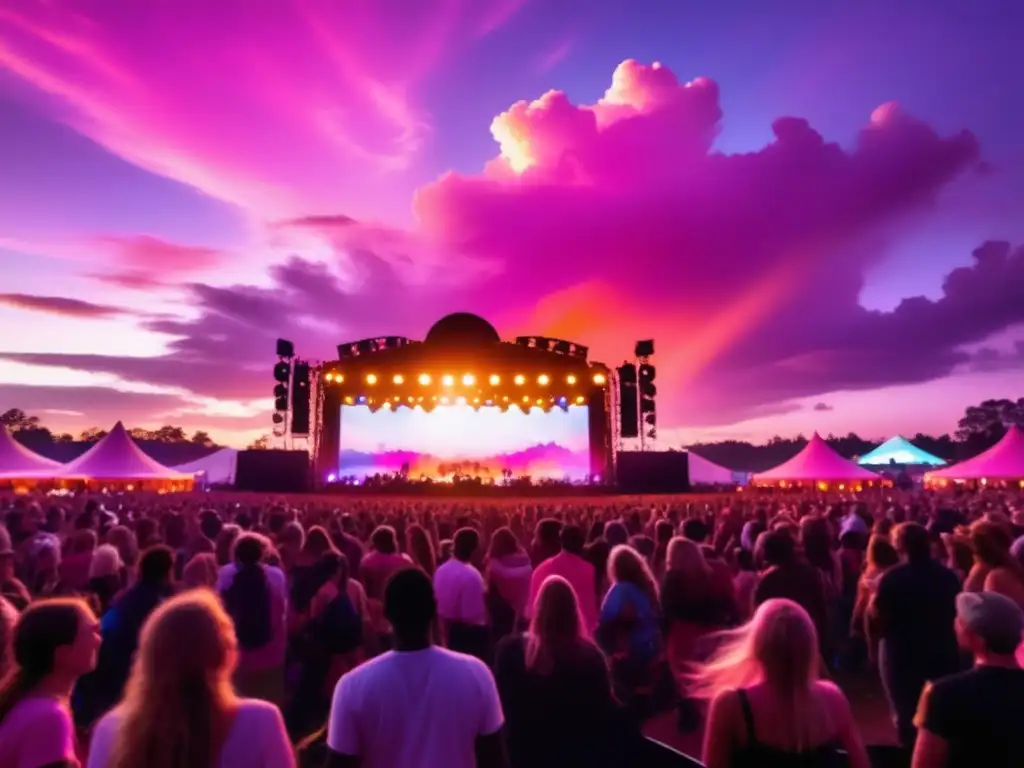 Fotografía de festivales: evolución digital, capturando la magia de un vibrante evento musical al atardecer