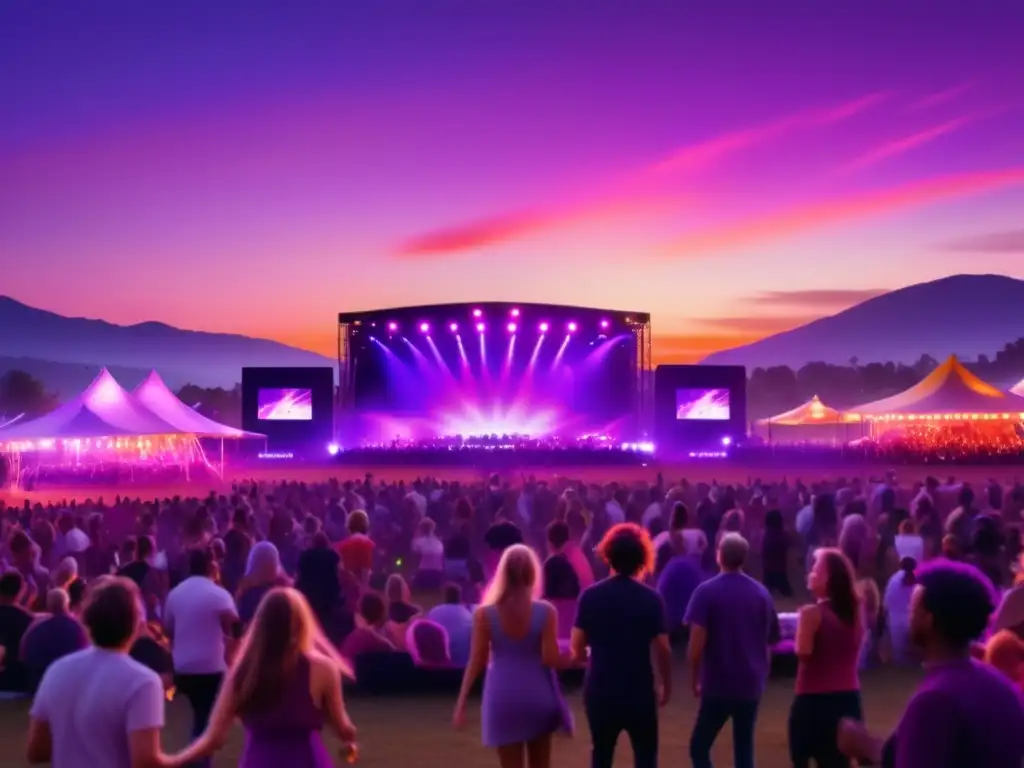 Impacto de festivales en música: escena vibrante de festival al atardecer, con paisaje pintoresco y música envolvente