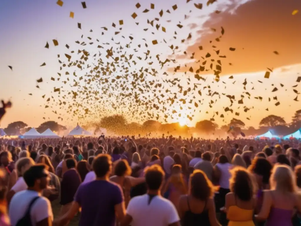 Fotografía de festival al atardecer con multitud y confeti