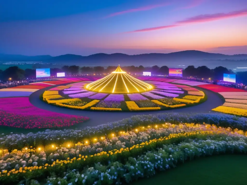 Escena fascinante de un festival al anochecer, con vibrante multitud y decoración iluminada