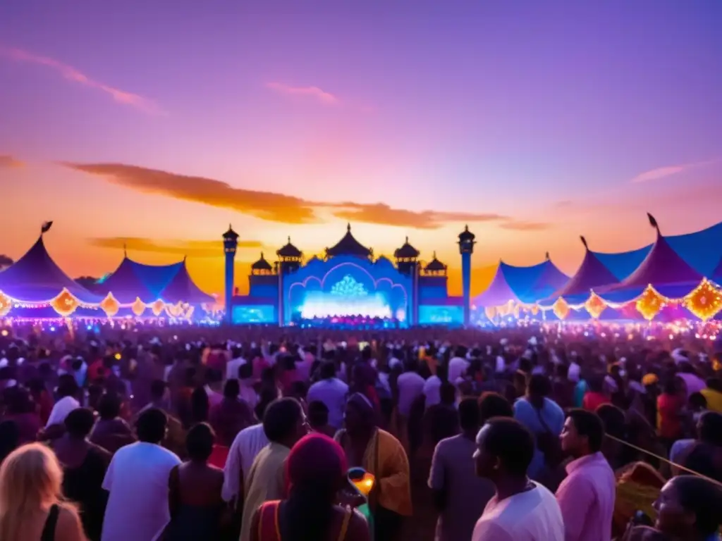 Fotografía vibrante de un festival al atardecer con energía y colorido