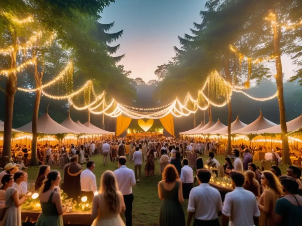 Festival mágico: festivales emergentes tradicionales en un bosque iluminado por luces y lleno de música, baile y gastronomía