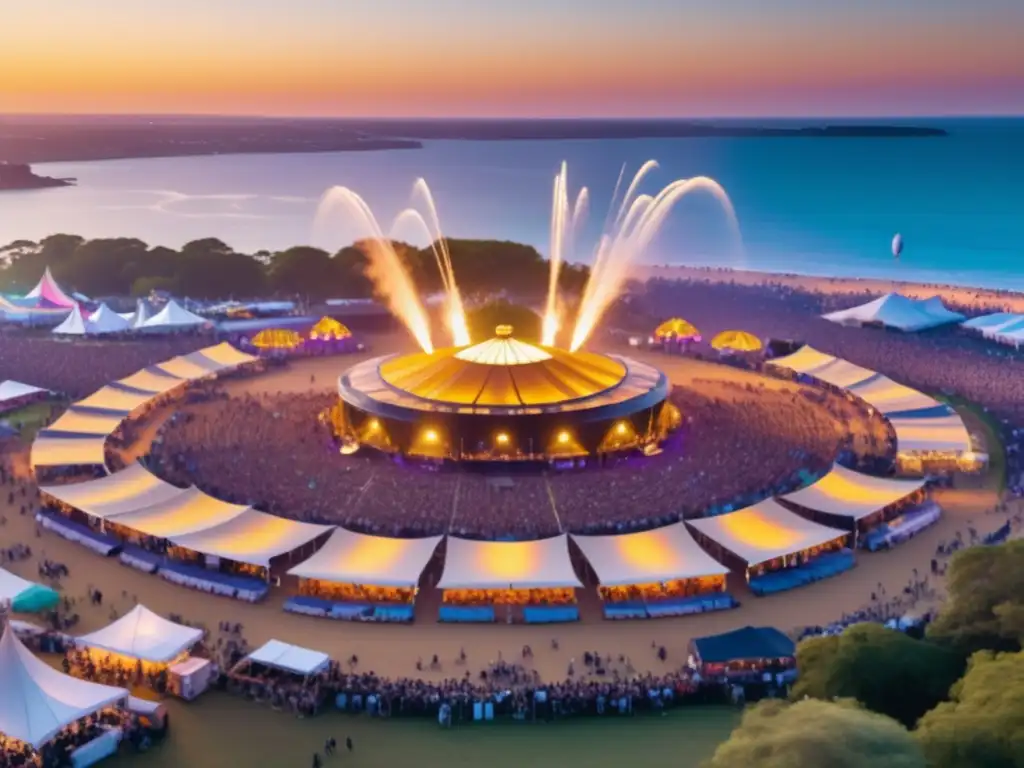 Innovaciones logística festivales postpandemia: Vista aérea impresionante de un festival bañado por la cálida luz dorada del atardecer