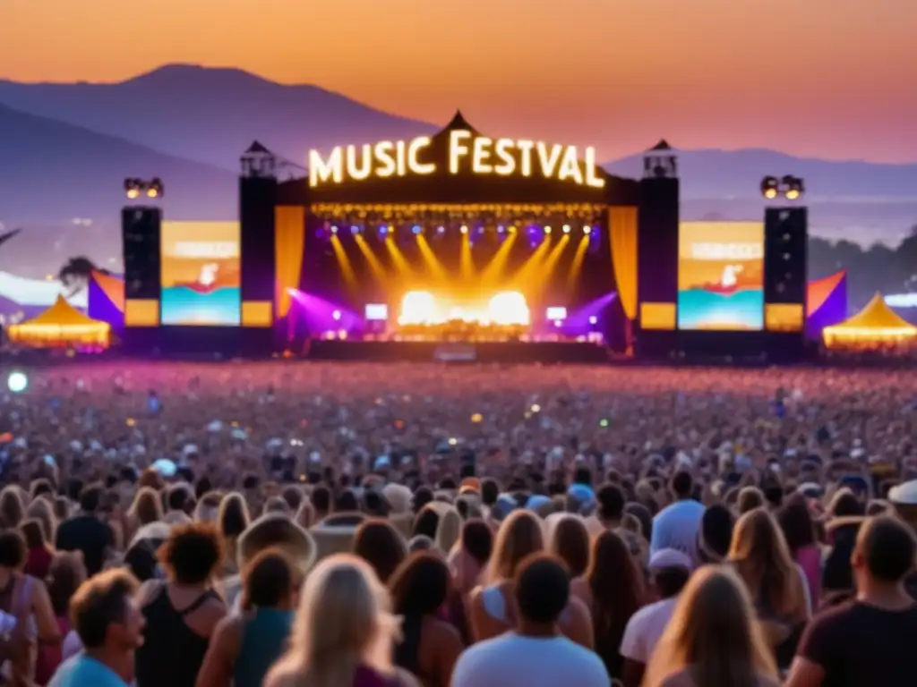 Fotografía de festivales tradicionales: Escena etérea y fotorealista de un vibrante festival musical al atardecer