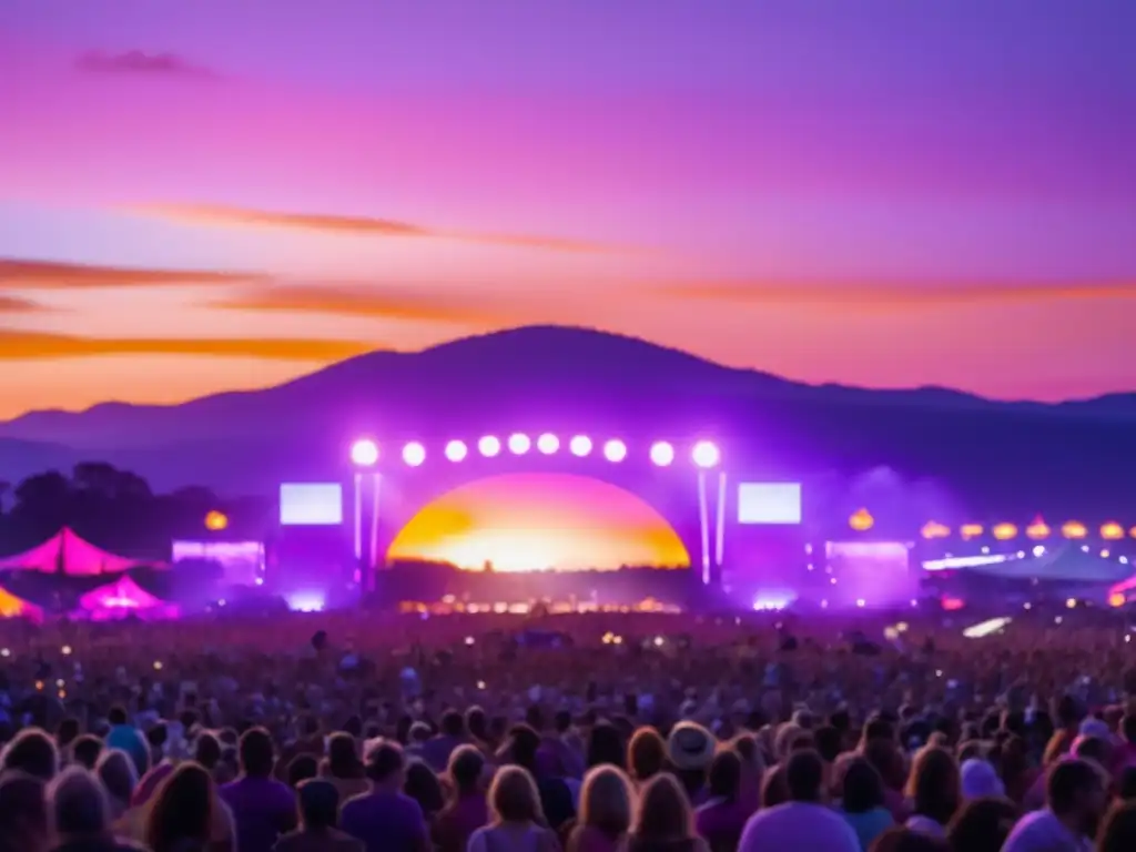 Evolución fotografía festivales: escena mágica capturada al atardecer, con cielo en tonos rosados, morados y dorados