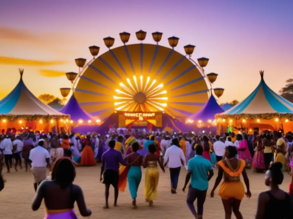 Fotografía de festivales alrededor del mundo en atardecer vibrante con multitud, danzas, luces y magia