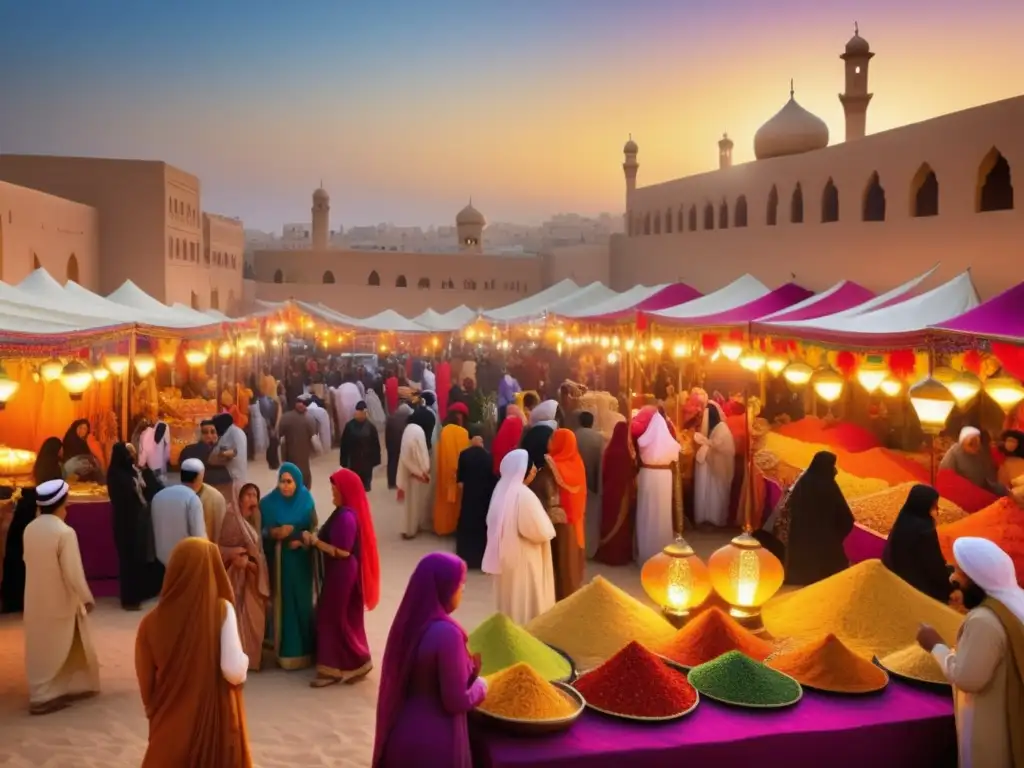 Festivales tradicionales Medio Oriente revolucionando en vibrante imagen etérea de mercado, música, danza y desierto al atardecer