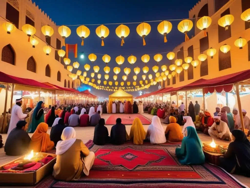 Festivales tradicionales en Medio Oriente: Escena cautivadora en un mercado vibrante, impregnado de aromas de especias y melodías tradicionales