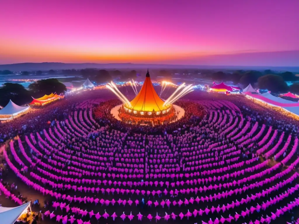 Fotografía de festivales con drones en tonos de rosa y naranja, capturando la belleza etérea desde las alturas