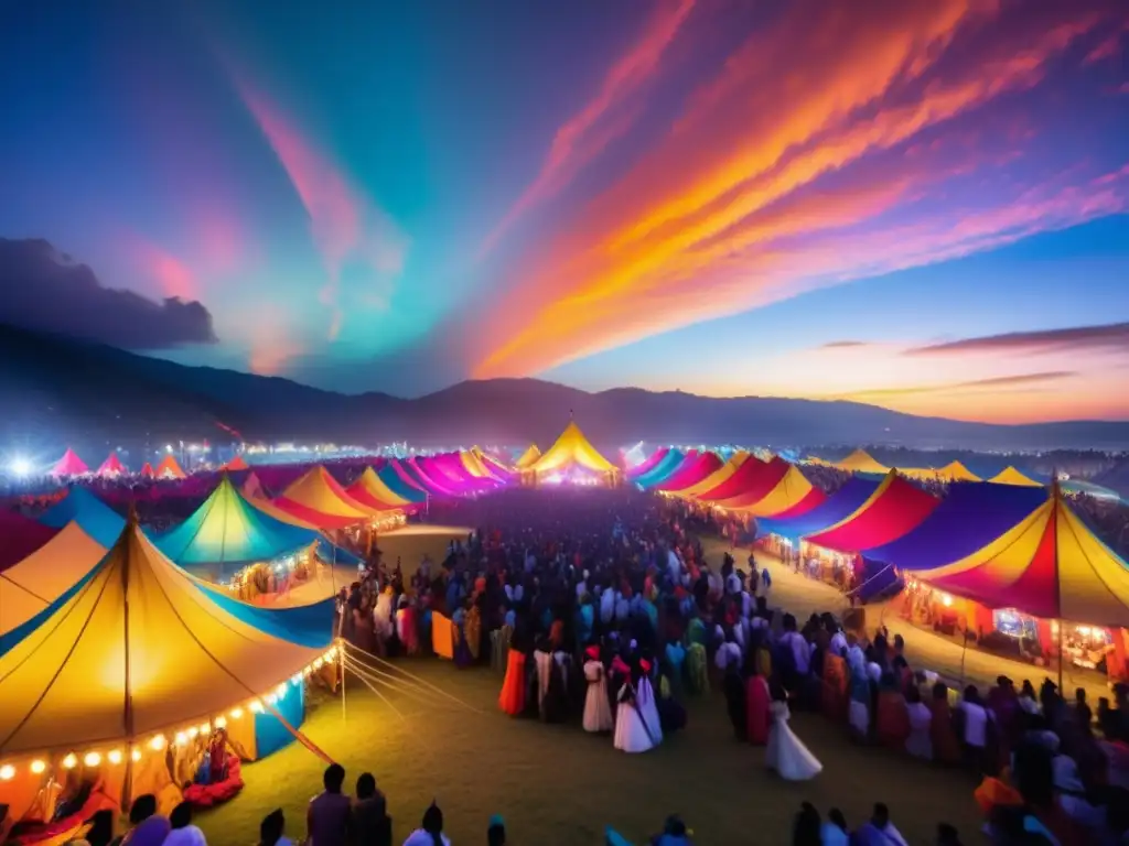 Fotografía Infrarroja en Festivales: Escena vibrante de festival con colores intensos y ambiente mágico