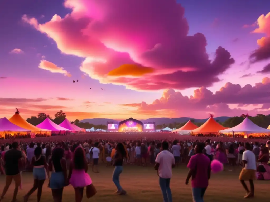 Campo abierto al atardecer con festival de música vibrante y diversa multitud disfrutando