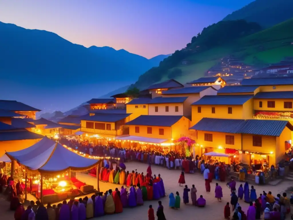 Festival al atardecer en un pintoresco pueblo de montaña con música tradicional, delicias locales y hermosos colores