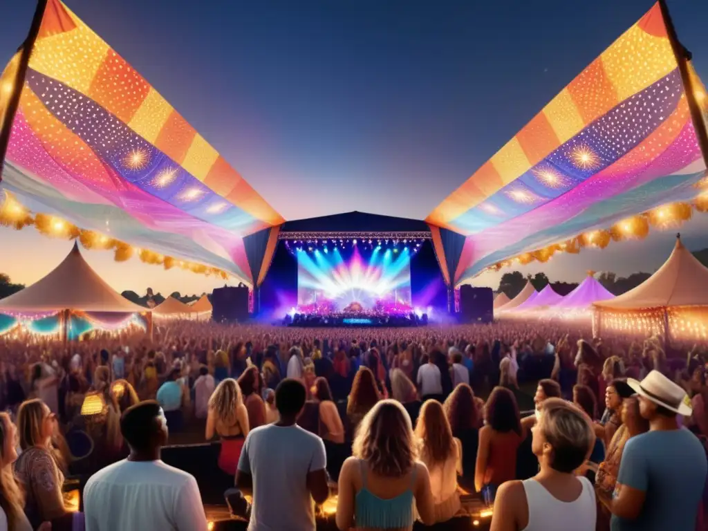 Escena vibrante de festival de música con indumentaria boho y montañas al atardecer