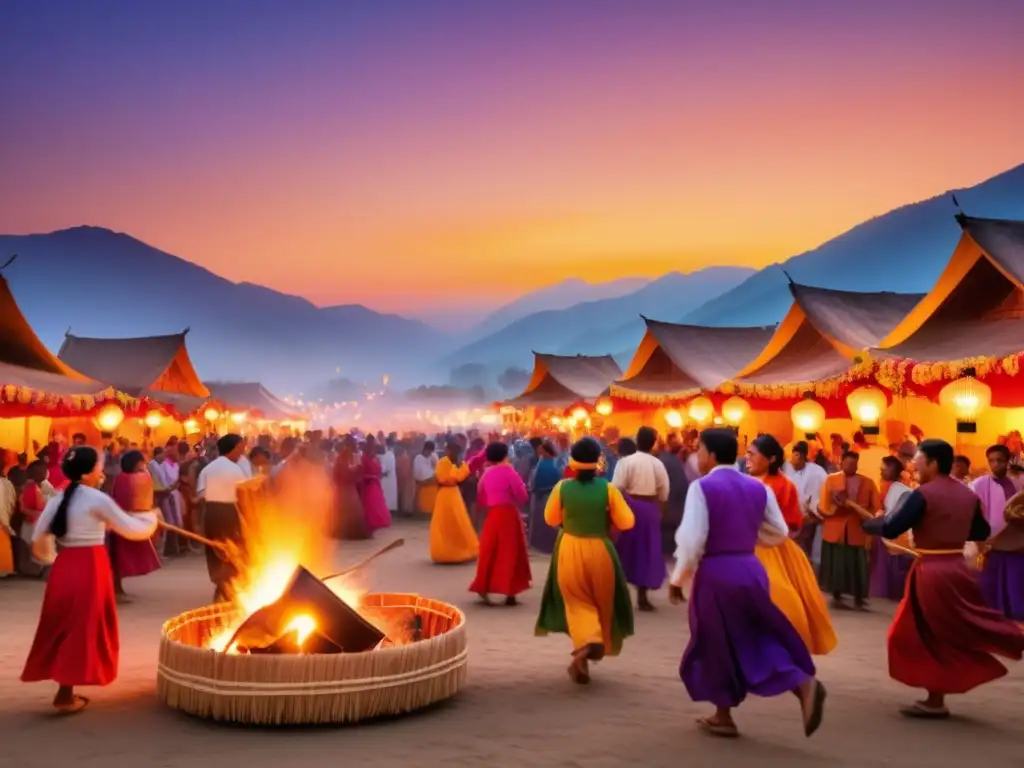 Fotografía de festivales tradicionales: Escena etérea y realista de un vibrante festival tradicional al atardecer