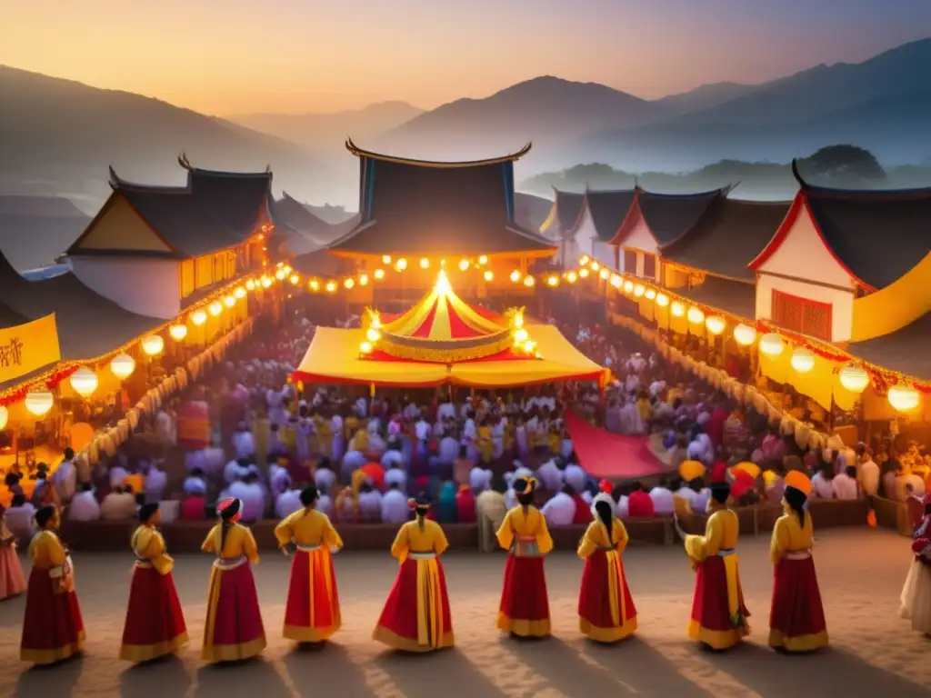 Importancia de fotografía en festivales tradicionales: escena mágica y cautivadora en una plaza adornada, danza ceremonial y vestimentas tradicionales