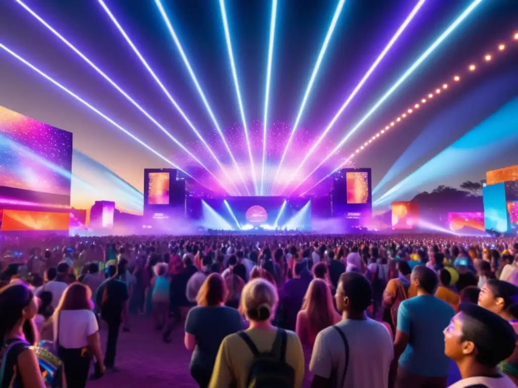 Escena vibrante de festival con impacto tecnológico en festivales tradicionales