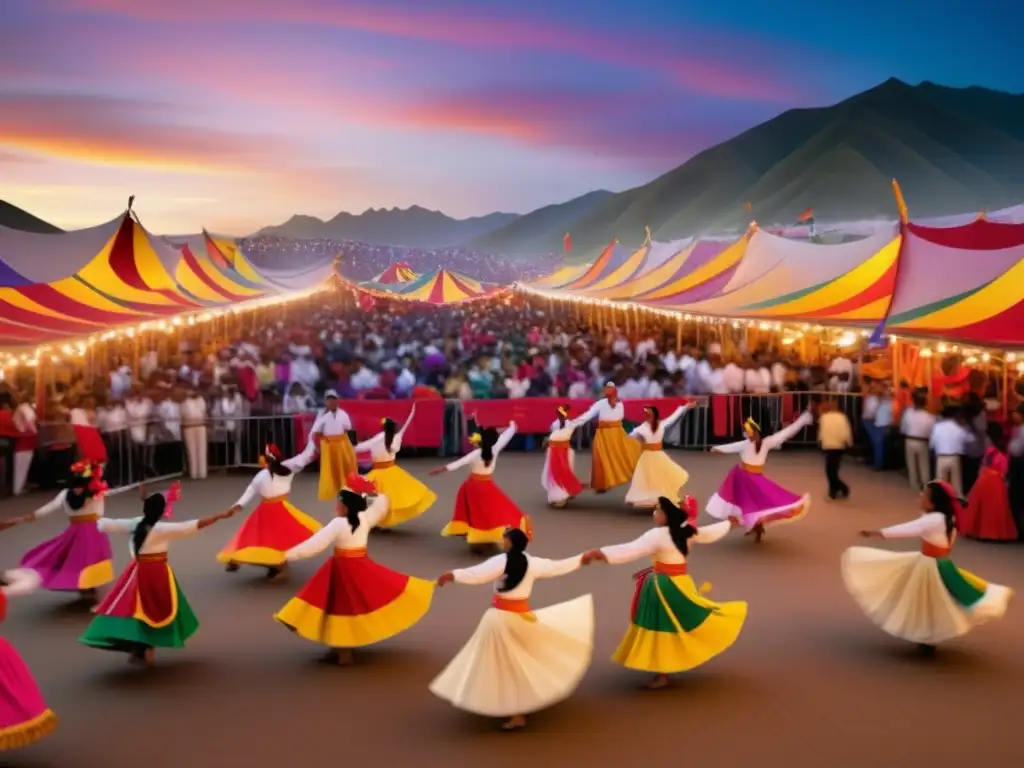 Festival de la Marinera en Perú: Escena vibrante del festival, con danzas, música y coloridas decoraciones en la plaza, iluminada por el atardecer