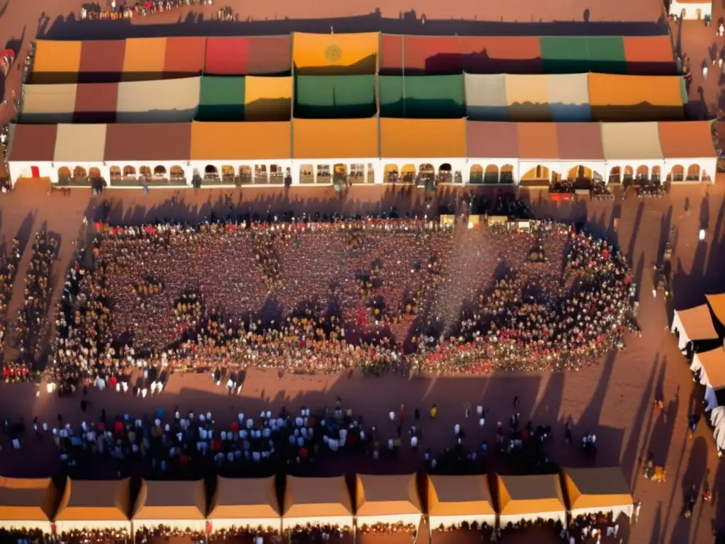 Vista aérea impresionante de un festival bullicioso en Marrakech, Marruecos